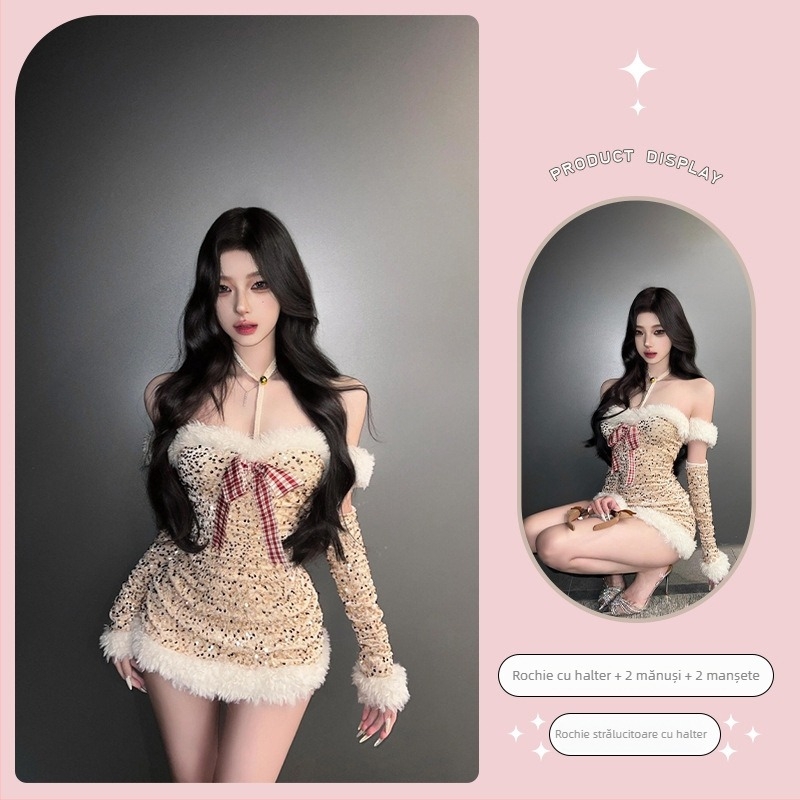Rochie de Crăciun cu halter şi paiete, siluetă talie-încordată, poliester, pentru femei, toamnă/iarnă