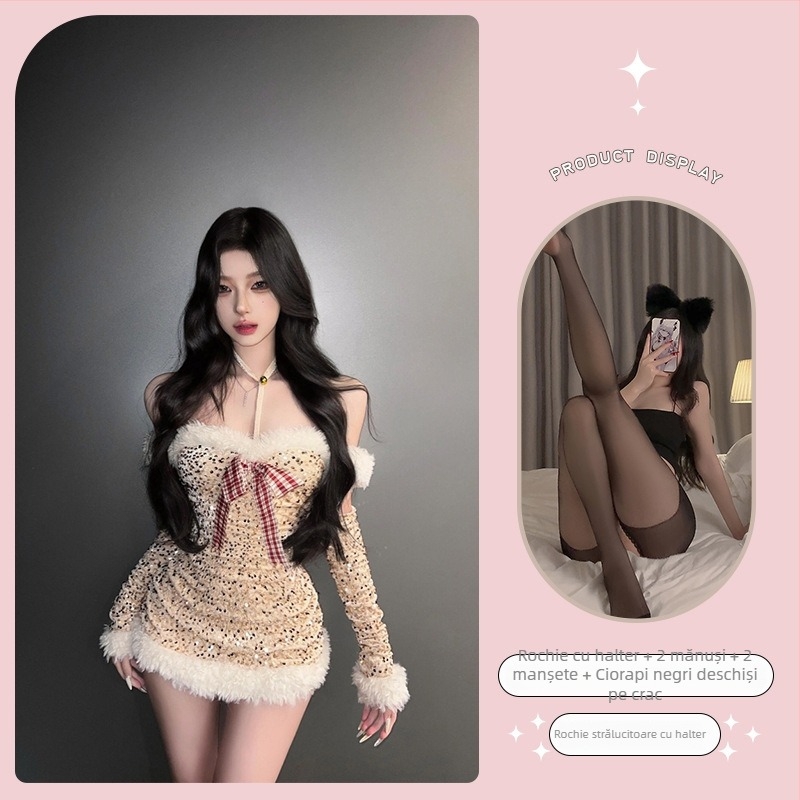 Rochie de Crăciun cu halter şi paiete, siluetă talie-încordată, poliester, pentru femei, toamnă/iarnă