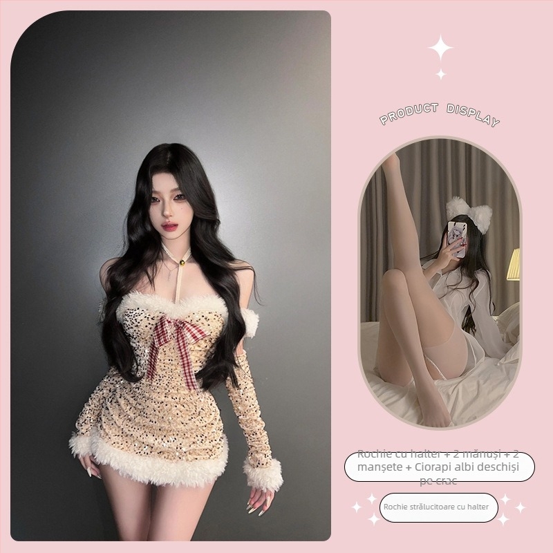 Rochie de Crăciun cu halter şi paiete, siluetă talie-încordată, poliester, pentru femei, toamnă/iarnă