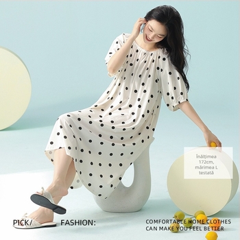 Rochie de noapte din bumbac antibacterian, lungă, pentru vară, mâneci 3/4, guler rotund, 95–100% bumbac