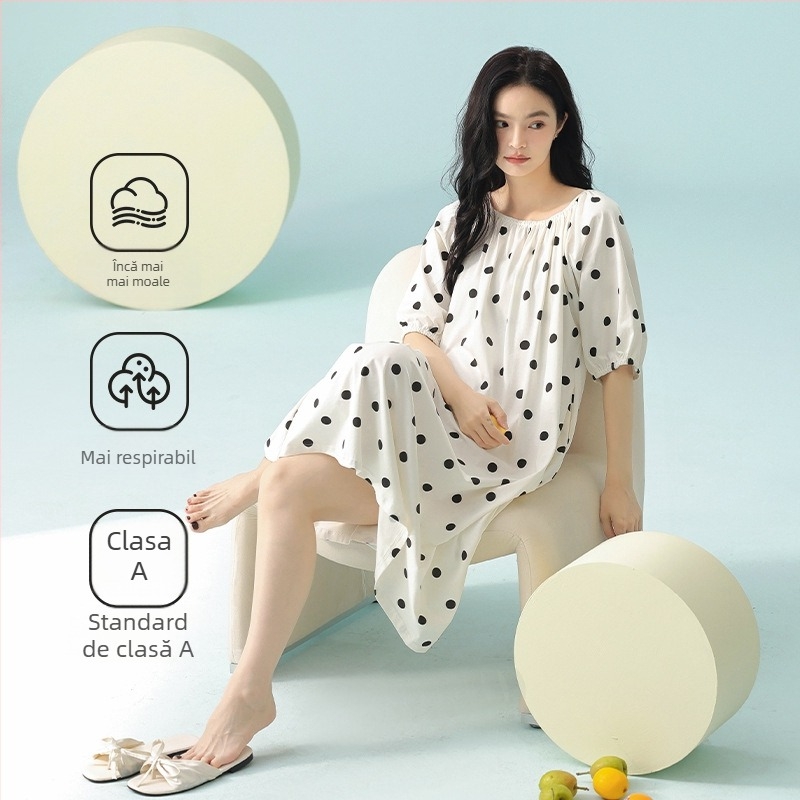 Rochie de noapte din bumbac antibacterian, lungă, pentru vară, mâneci 3/4, guler rotund, 95–100% bumbac