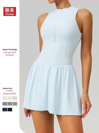 Fustă cu guler înalt și aspect de două părți, fustă de tenis în linie A, din țesătură nylon cloud, căptușită cu nylon (78% nylon, 22% spandex)