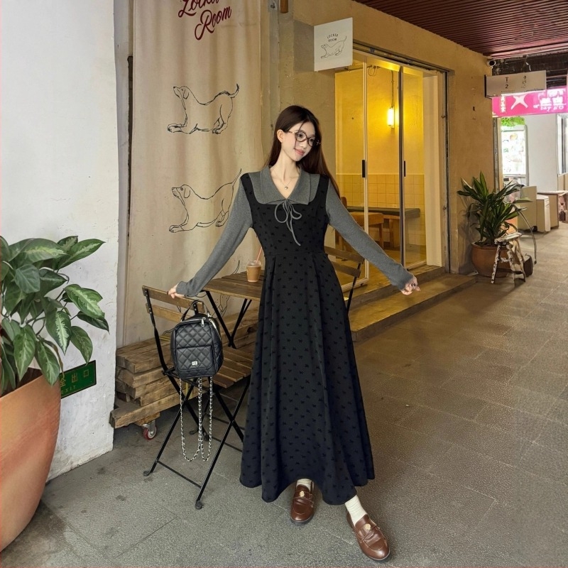 Rochie tricotată pentru femei, design faux din două părți, în stilul Hepburn franțuzesc, toamnă-iarnă, croială A-line, guler păpușă, mâneci lungi