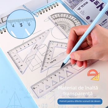 Set din patru rigle din plastic pentru desen, cu riglă triunghiulară și protractor; greutate netă 60 g