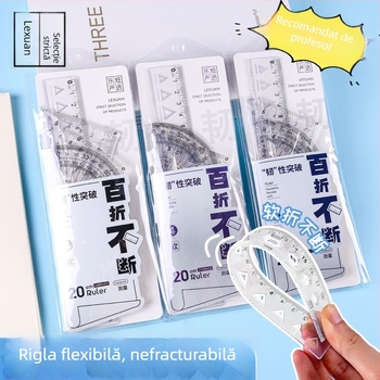Set din patru rigle din plastic pentru desen, cu riglă triunghiulară și protractor; greutate netă 60 g