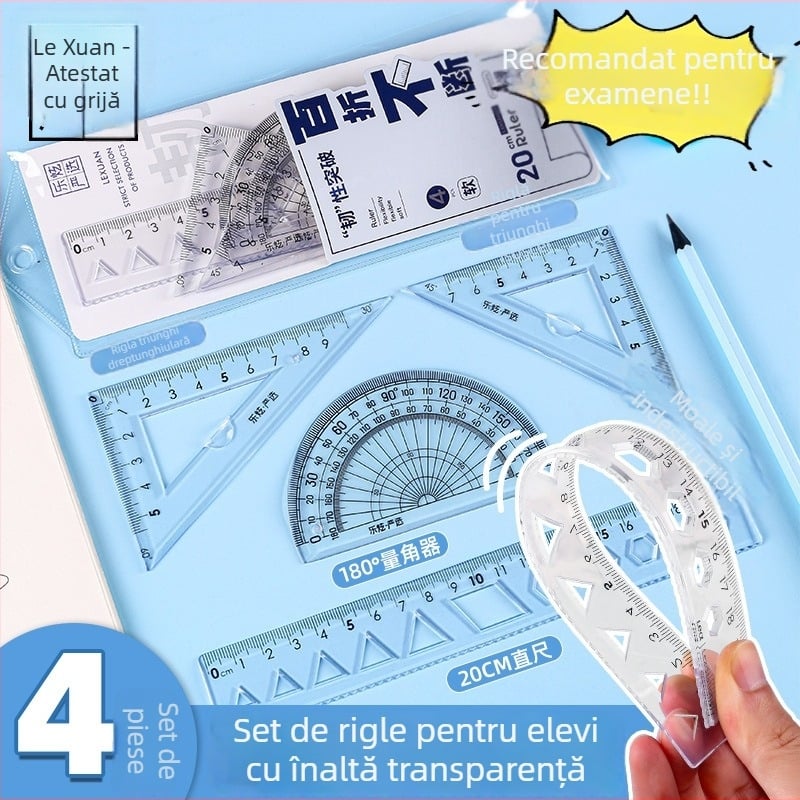 Set din patru rigle din plastic pentru desen, cu riglă triunghiulară și protractor; greutate netă 60 g
