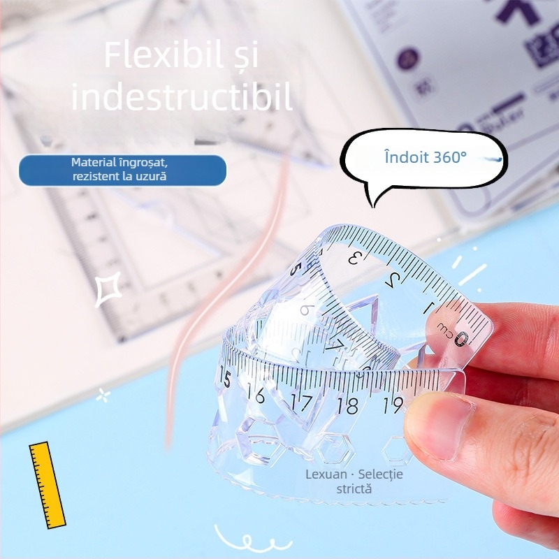 Set din patru rigle din plastic pentru desen, cu riglă triunghiulară și protractor; greutate netă 60 g