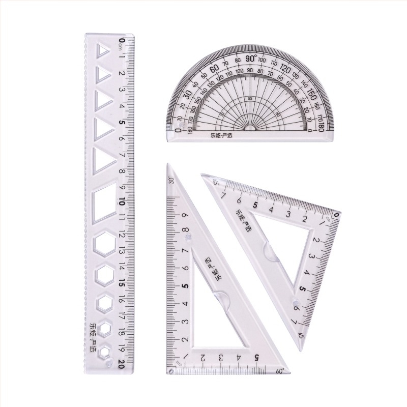 Set din patru rigle din plastic pentru desen, cu riglă triunghiulară și protractor; greutate netă 60 g