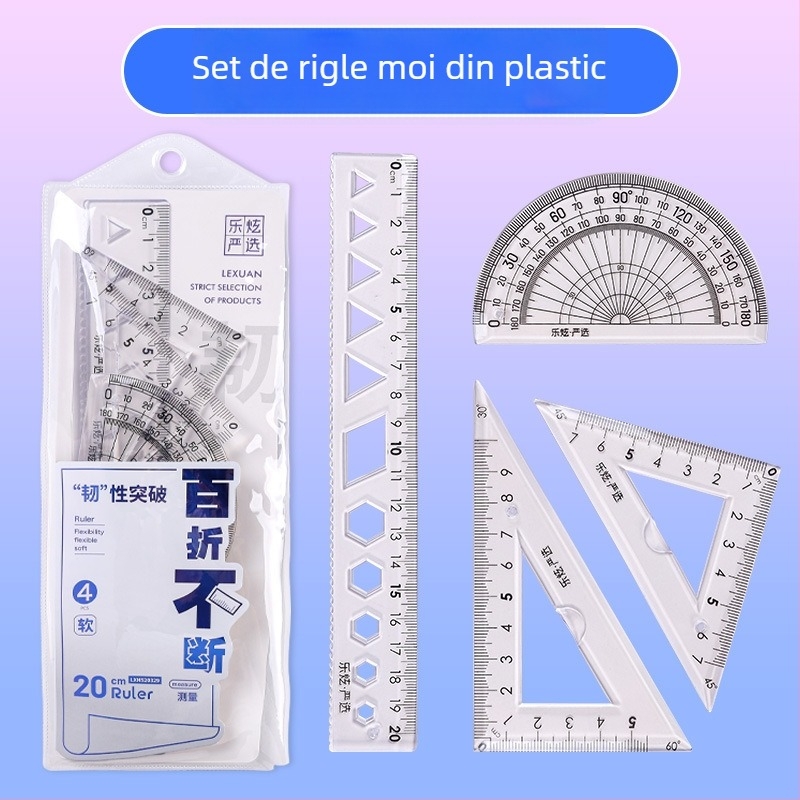 Set din patru rigle din plastic pentru desen, cu riglă triunghiulară și protractor; greutate netă 60 g
