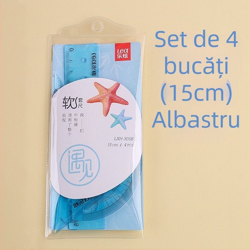 Set din patru rigle din plastic pentru desen, cu riglă triunghiulară și protractor; greutate netă 60 g