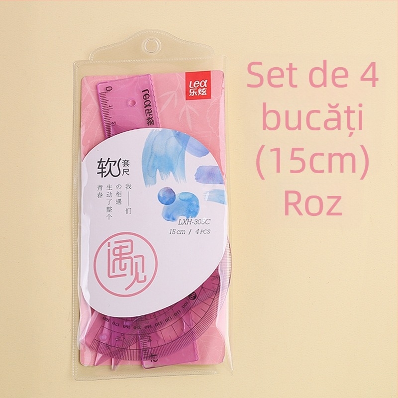 Set din patru rigle din plastic pentru desen, cu riglă triunghiulară și protractor; greutate netă 60 g