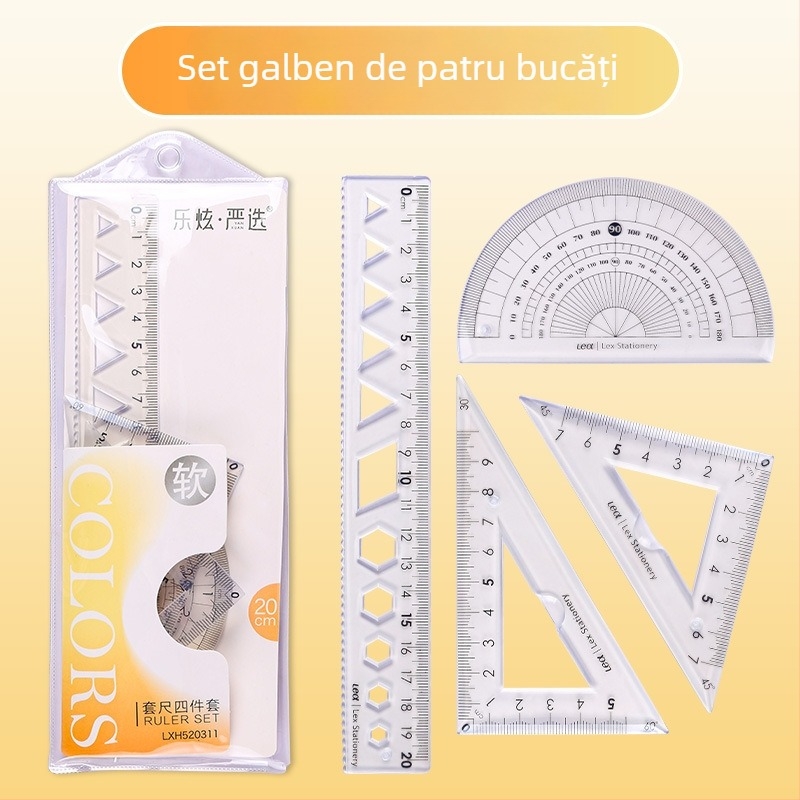 Set din patru rigle din plastic pentru desen, cu riglă triunghiulară și protractor; greutate netă 60 g
