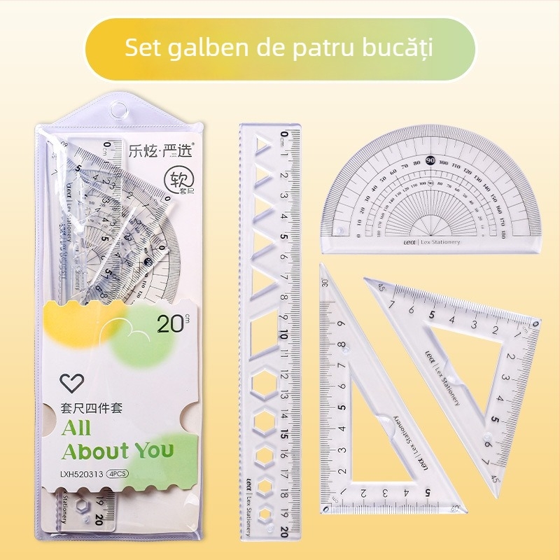 Set din patru rigle din plastic pentru desen, cu riglă triunghiulară și protractor; greutate netă 60 g