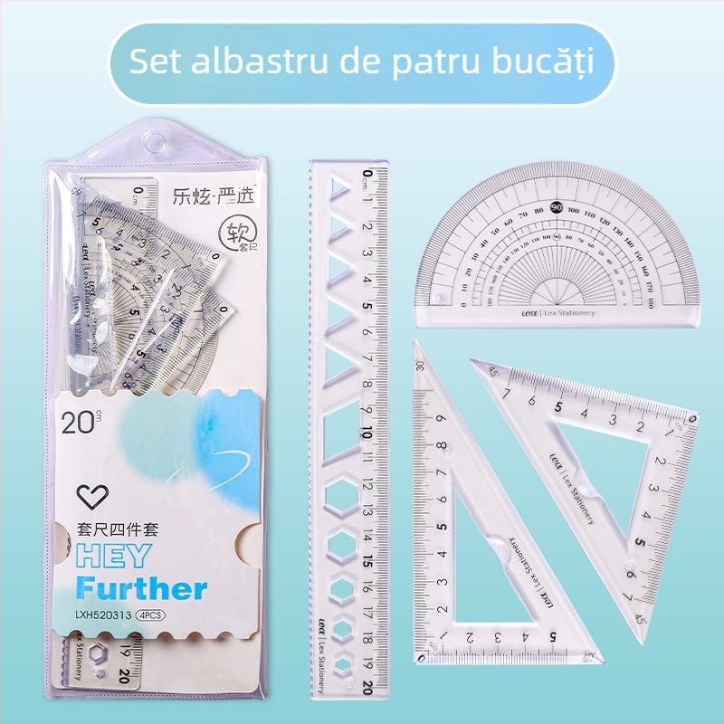 Set din patru rigle din plastic pentru desen, cu riglă triunghiulară și protractor; greutate netă 60 g