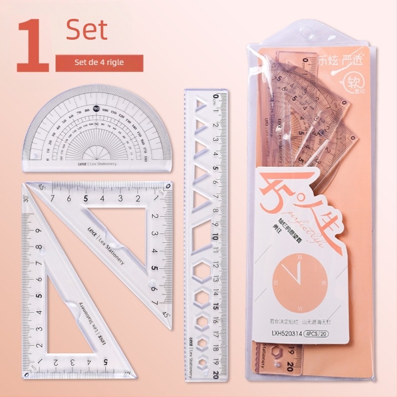 Set din patru rigle din plastic pentru desen, cu riglă triunghiulară și protractor; greutate netă 60 g