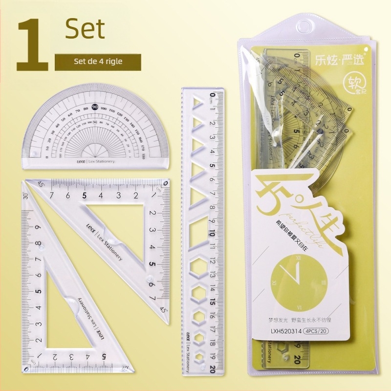 Set din patru rigle din plastic pentru desen, cu riglă triunghiulară și protractor; greutate netă 60 g