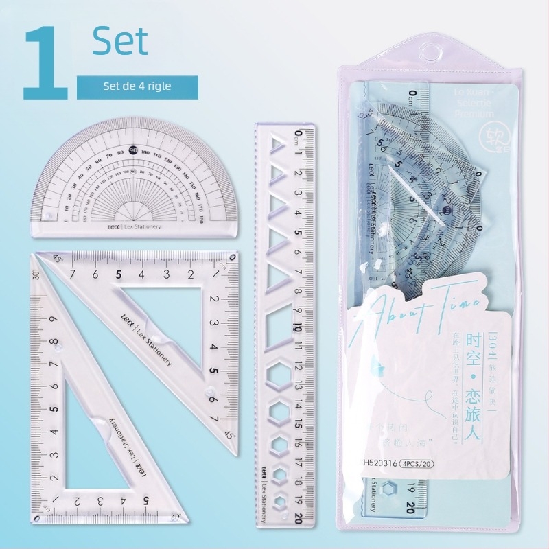 Set din patru rigle din plastic pentru desen, cu riglă triunghiulară și protractor; greutate netă 60 g