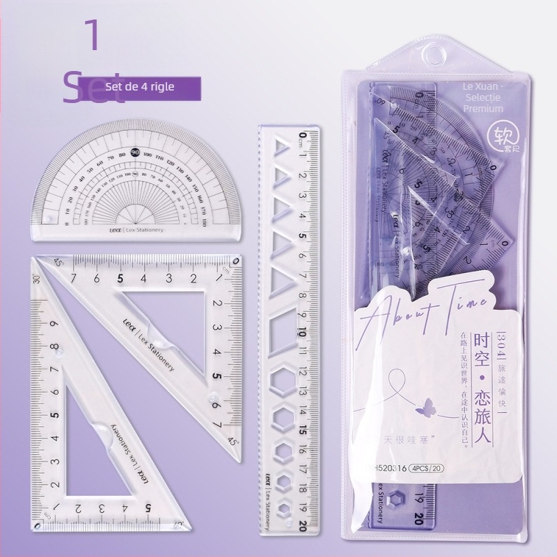 Set din patru rigle din plastic pentru desen, cu riglă triunghiulară și protractor; greutate netă 60 g
