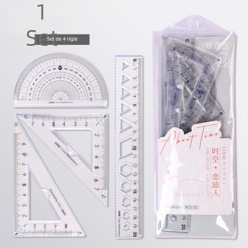 Set din patru rigle din plastic pentru desen, cu riglă triunghiulară și protractor; greutate netă 60 g