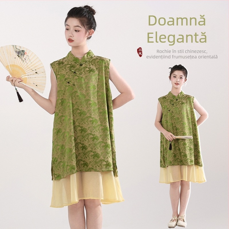 Rochie pentru copii în stil chinezesc, fără mâneci, cu bretele, din poliester, pentru copii peste 8 ani (peste 140 cm), vară 2025.