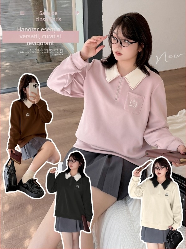 Bluza de damă cu guler polo și glugă, stil coreean, toamna 2025, amestec bumbac-poliester (50-70% bumbac, 30-50% poliester), design colaj, mâneci lungi