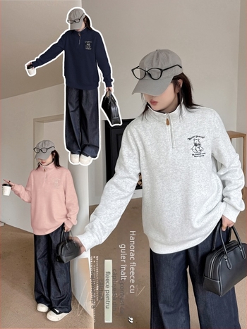 Pulover damă cu glugă și fermoar parțial, căptușit cu fleece (bumbac-poliester, broderie, guler staționar, mâneci lungi, lungime medie) Toamnă 2025