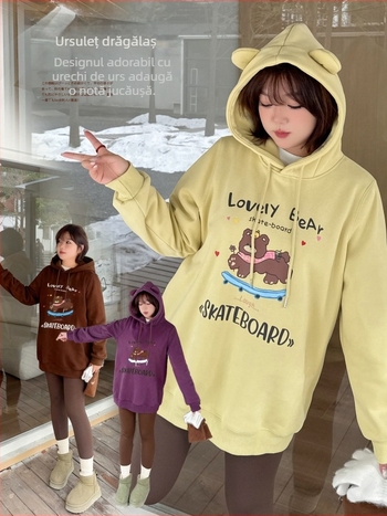 Hanorac cu glugă, urechi de urs, căptușit cu fleece, imprimat, amestec bumbac-poliester, Iarna 2025