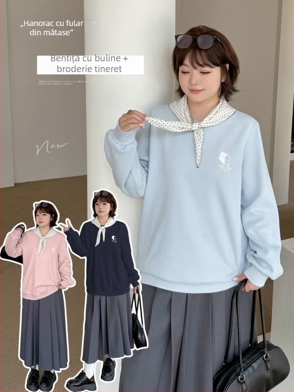 Pulover cu glugă pentru femei, plus size, stil colegiu, cu șal - glugă, guler rotund, mâneci lungi, croială lejeră, amestec bumbac-poliester, broderie, Toamnă 2025