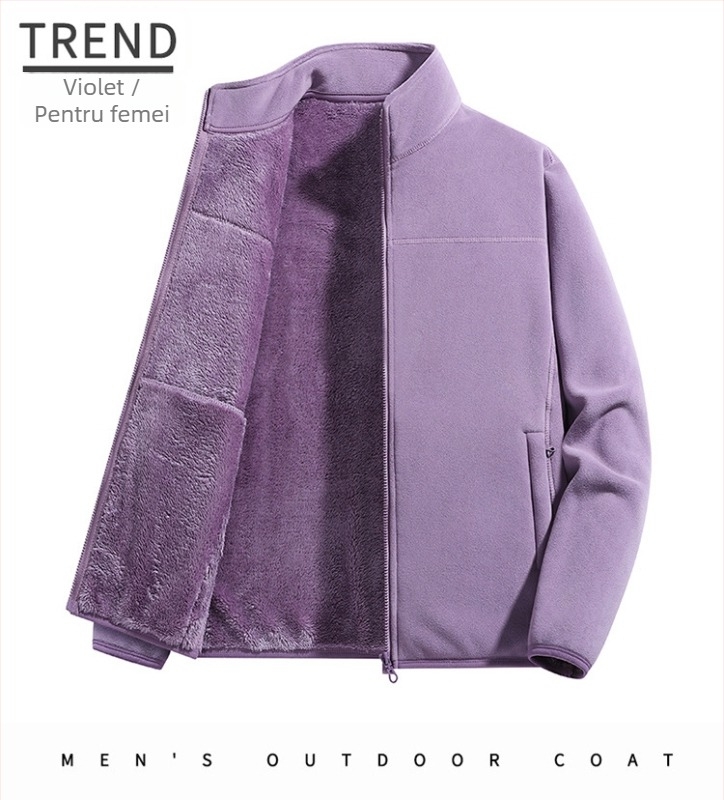 Jachetă fleece unisex, cu guler înalt, exterior din coral fleece, căptușeală polară, menține căldura