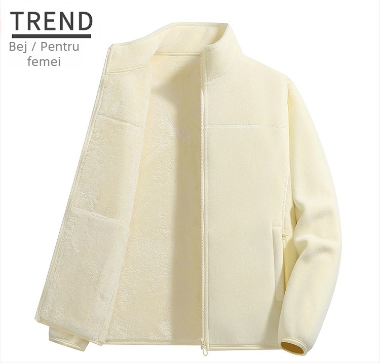 Jachetă fleece unisex, cu guler înalt, exterior din coral fleece, căptușeală polară, menține căldura