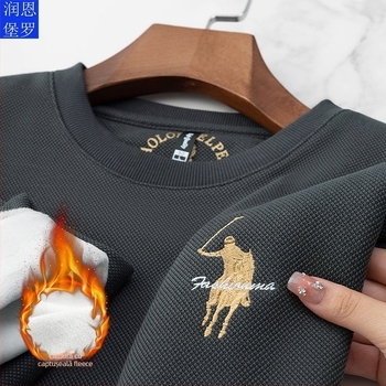 Pulover bărbătesc din tricot de bumbac, căptușeală fleece, guler rotund, mâneci lungi, culoare solidă.