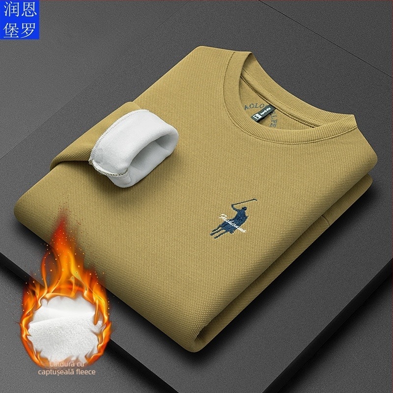 Pulover bărbătesc din tricot de bumbac, căptușeală fleece, guler rotund, mâneci lungi, culoare solidă.