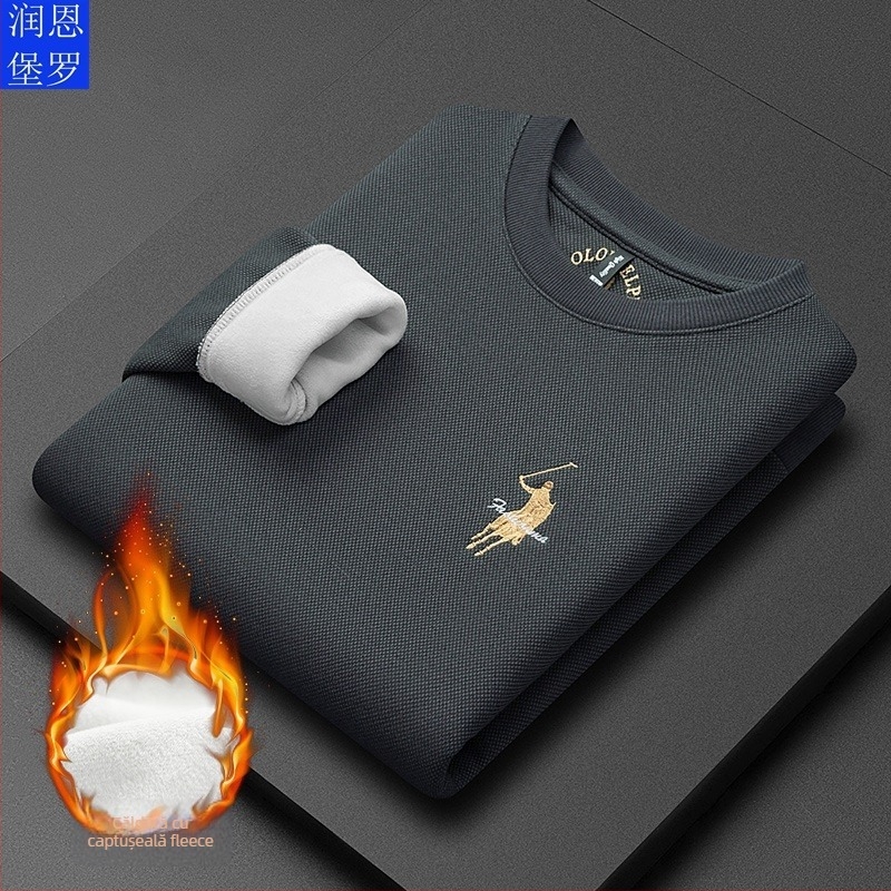 Pulover bărbătesc din tricot de bumbac, căptușeală fleece, guler rotund, mâneci lungi, culoare solidă.