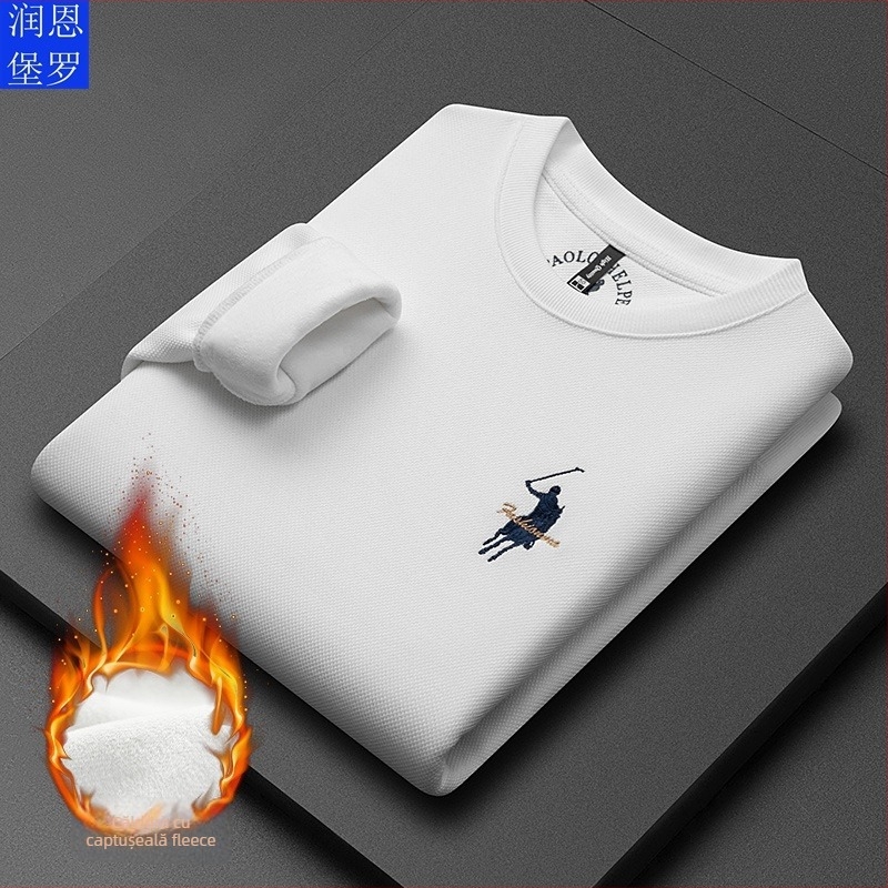 Pulover bărbătesc din tricot de bumbac, căptușeală fleece, guler rotund, mâneci lungi, culoare solidă.