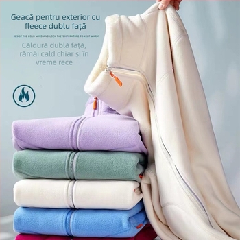 Jachetă cardigan din fleece, căptușită cu fleece coral, culoare solidă, unisex, iarnă/toamnă