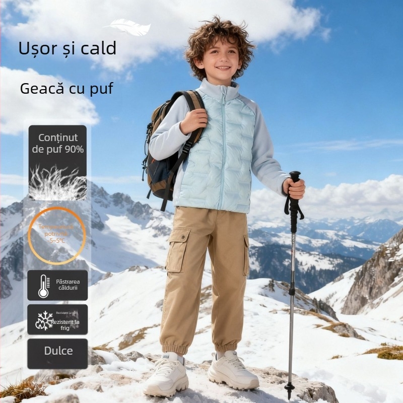 Strat interior din puf pentru copii – ușor și cald, închidere cu fermoar, mâneci lungi, fără glugă, țesătură poliester și căptușeală, lansare toamnă 2025