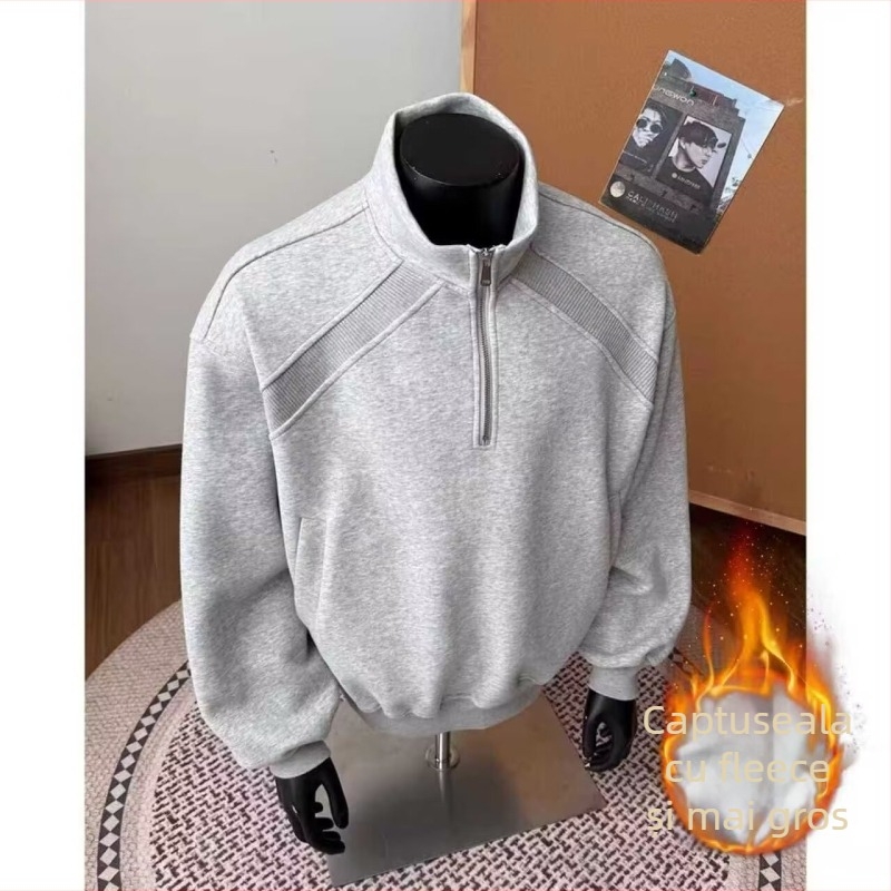 Hanorac polo cu fermoar jumătate pentru bărbați, croială lejeră, mâneci lungi, guler rotund, poliester, căptușeală de catifea, top casual de iarnă