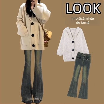 Cardigan tricotat cu glugă, model geometric, amestec ice-silk cu spandex, mâneci lungi, decolteu în V