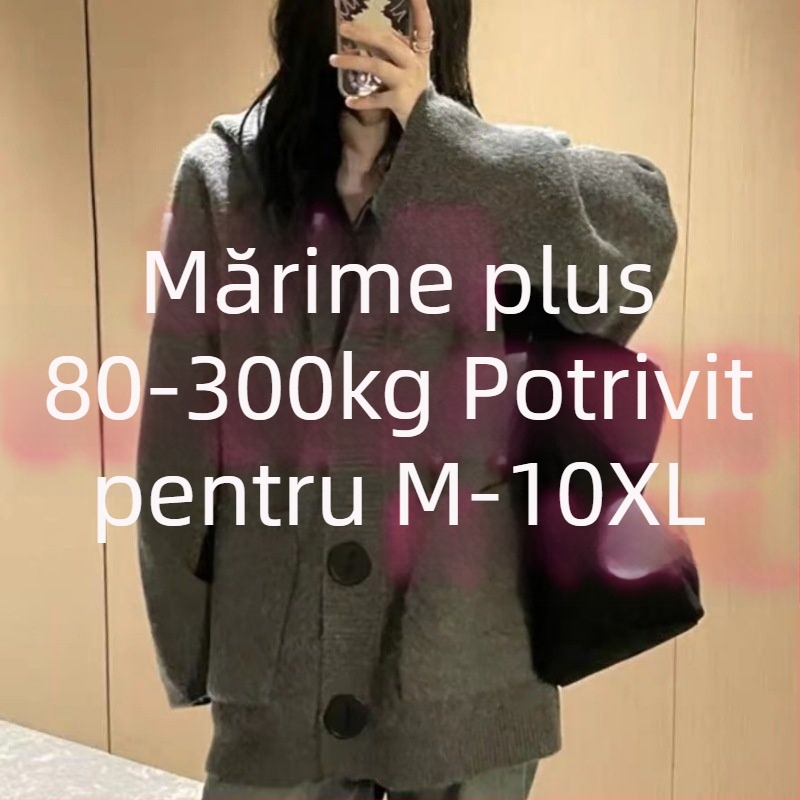 Cardigan tricotat cu glugă, model geometric, amestec ice-silk cu spandex, mâneci lungi, decolteu în V