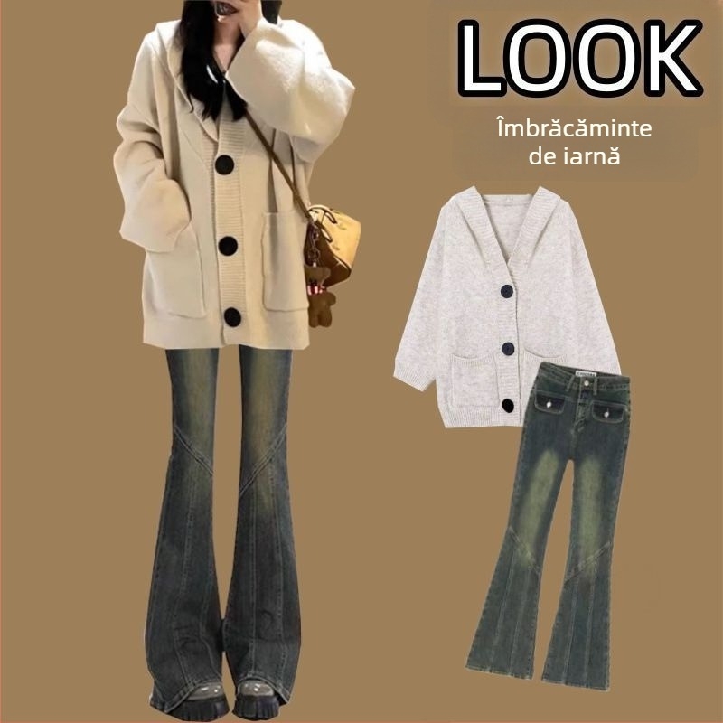 Cardigan tricotat cu glugă, model geometric, amestec ice-silk cu spandex, mâneci lungi, decolteu în V