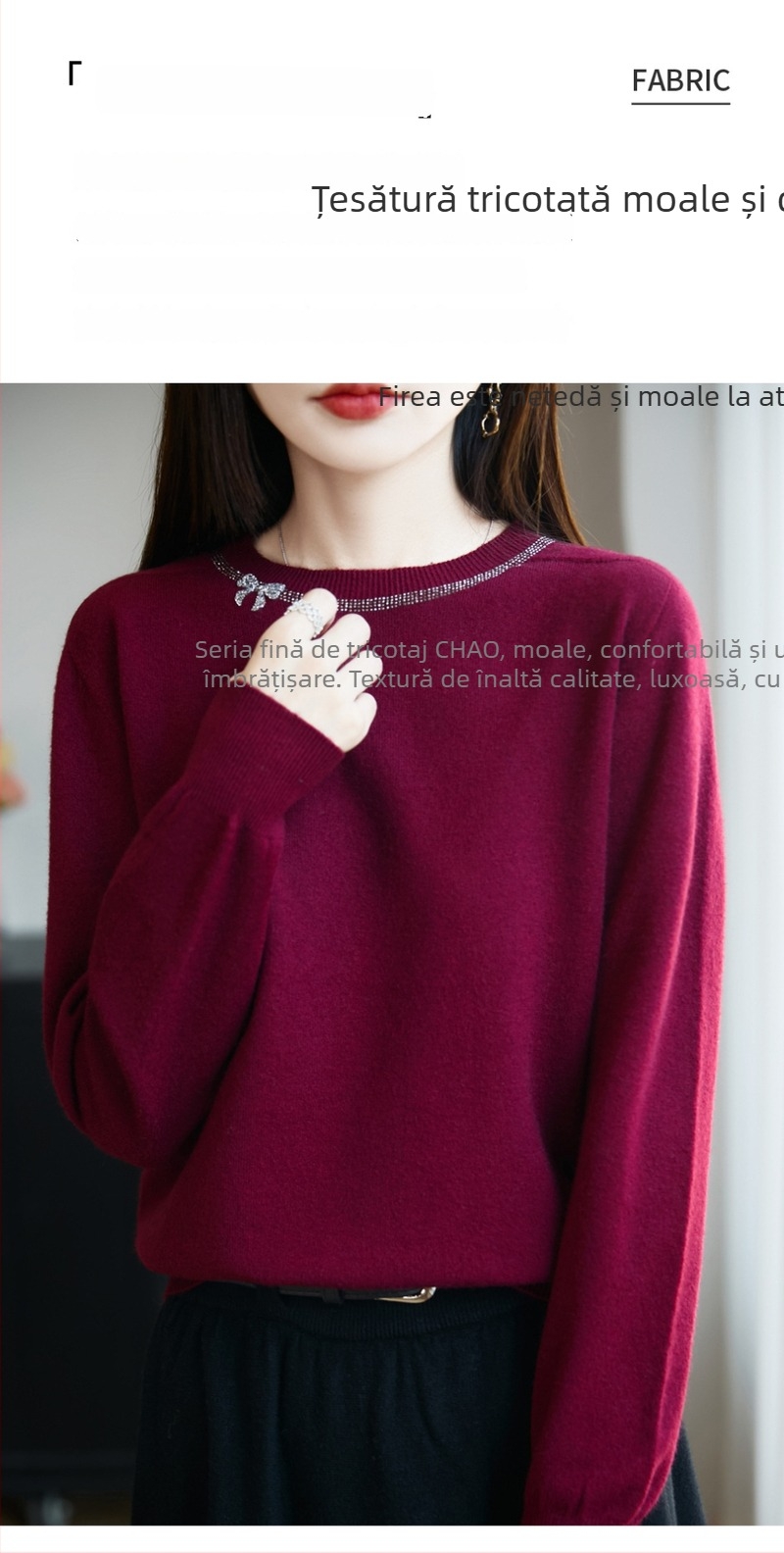 Pulover tricotat pentru femei cu cristale – model 3D, glugă, guler rotund, mâneci lungi, croială regulată