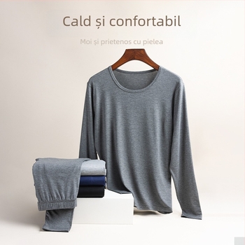 Set de lenjerie termică pentru bărbați: pulover cu gât rotund și pantaloni, viscoză 95%, țesătură groasă, croială slim