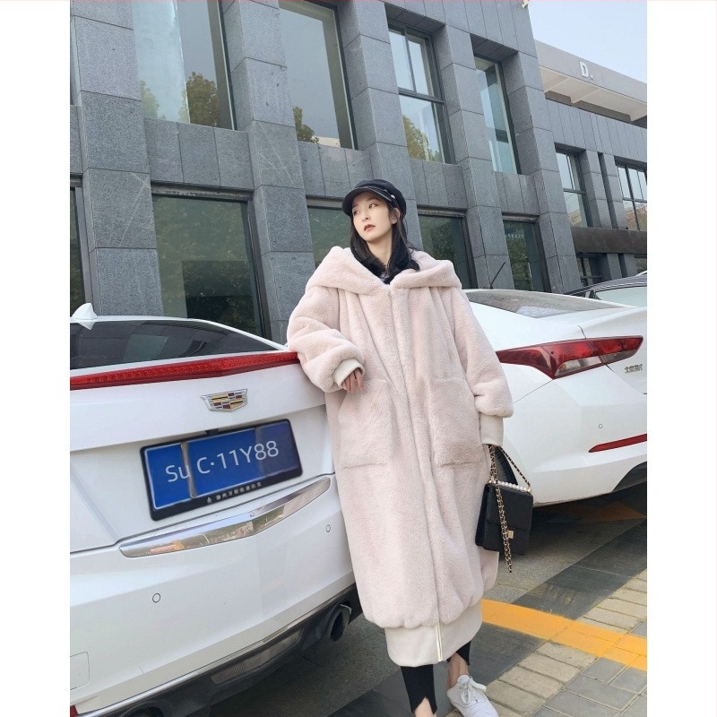 Palton lung cu glugă din blană artificială, material imitație blană, mâneci lungi, pentru femei