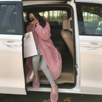 Palton lung pentru femei, în stil coreean, cu blană de iepure și guler din blană, țesătură Roman Cotton, stil elegant