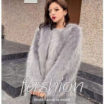 Palton din blană artificială de vulpe pentru femei, lungime medie, guler polo, mâneci lungi, țesătură din bumbac, toamnă 2025