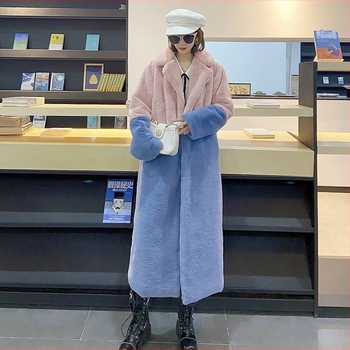 Palton din blană artificială, croială lungă, guler polo, mâneci lungi, palton de iarnă elegant