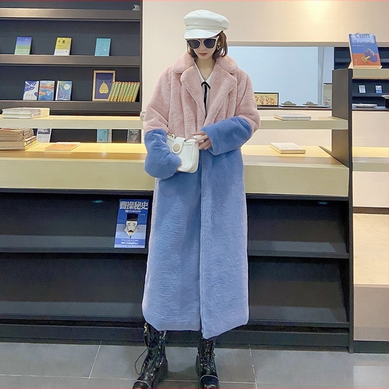 Palton din blană artificială, croială lungă, guler polo, mâneci lungi, palton de iarnă elegant