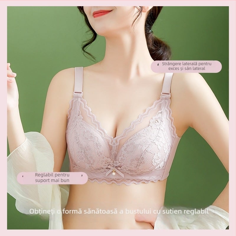  Sutien din dantelă fără sârmă, cupă 3/4, margine superioară subțire, bretele fixe duble, închidere spate cu trei rânduri de cârlige