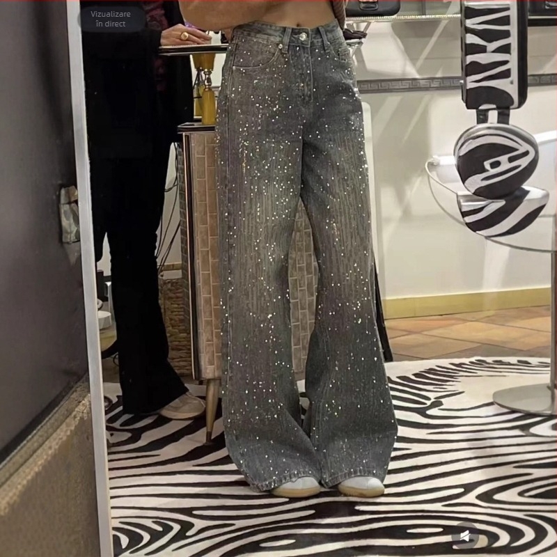 Jeanși din denim cu căptușeală fleece, wide-leg, rhinestones hotfix, lungime până la podea, iarnă 2025