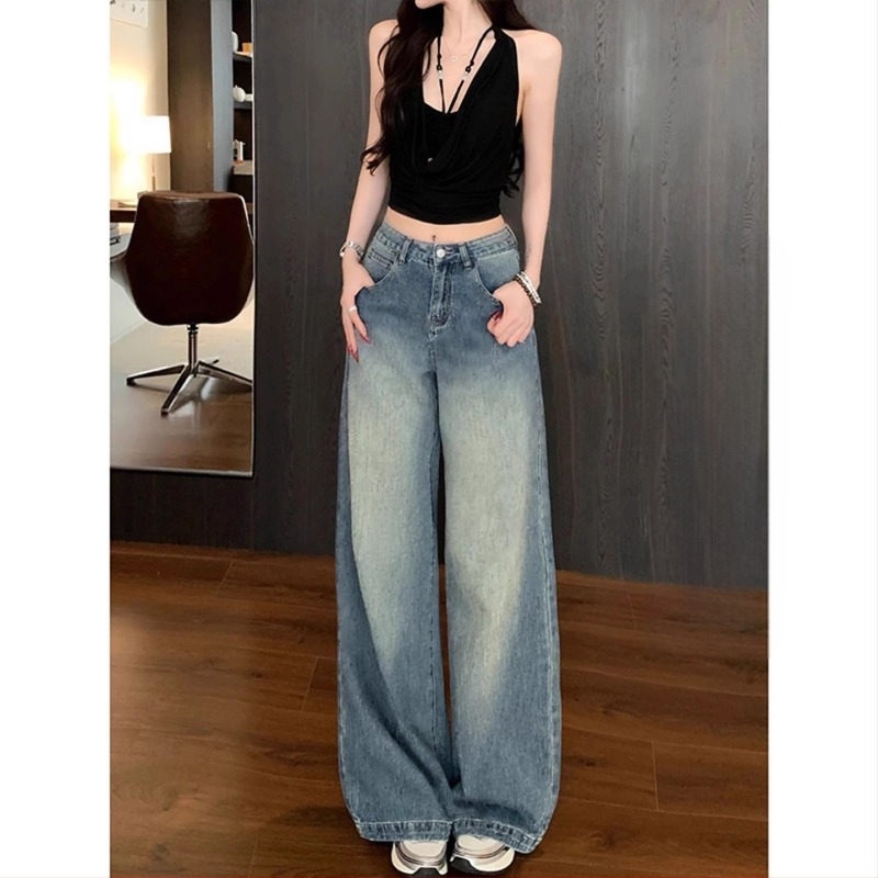 Jeanși din denim cu căptușeală fleece, wide-leg, rhinestones hotfix, lungime până la podea, iarnă 2025